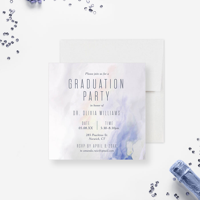 Elegant Graduation Party Invitation Card with a Blue Marble Design, Personalized Grad Invites, Minimalist Invitation for Formal Graduation Celebration