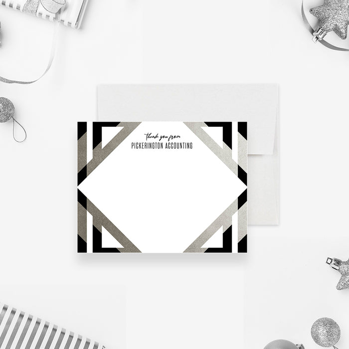 Black and Silver Geometric Note Card, Elegant Correspondence Card for Professionals, Cocktails Hors D'oeuvres Thank You Cards, Personalized Business Notecards