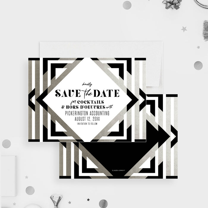 Black and Silver Geometric Save the Date for Cocktails Hors D'oeuvres Party, Elegant Save the Date for Business Event, Sips and Dips Save the Dates