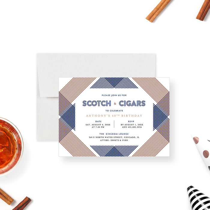 Scotch and Cigars Birthday Invitation Card for Men, Whiskey Tasting Party Invites for Him, Modern Invites for 21st 30th 40th 50th 60th Mens Birthday Party Celebration
