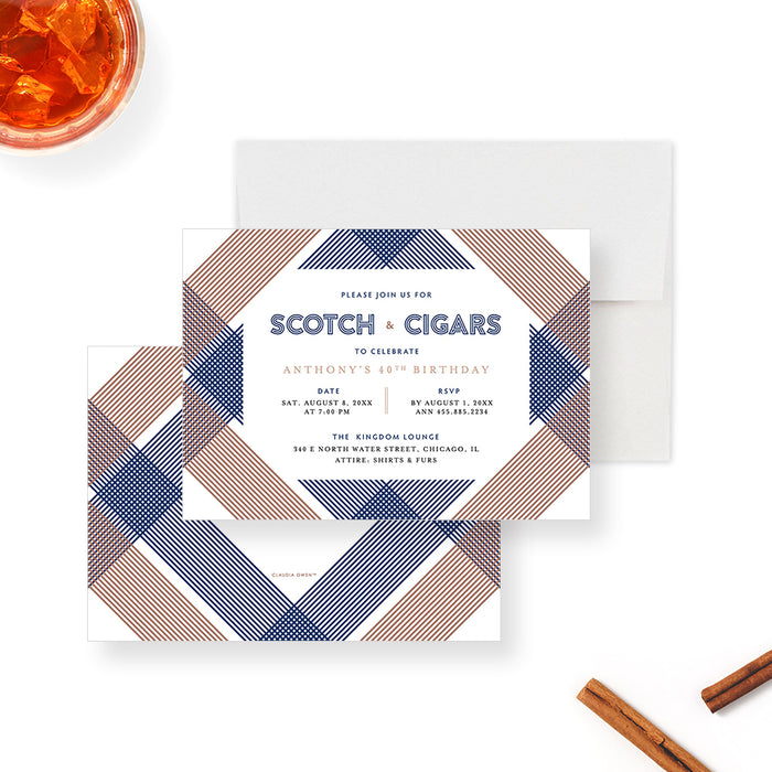 Scotch and Cigars Birthday Invitation Card for Men, Whiskey Tasting Party Invites for Him, Modern Invites for 21st 30th 40th 50th 60th Mens Birthday Party Celebration