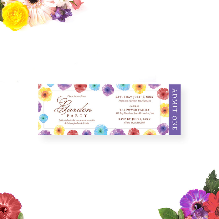 Colorful Ticket Invitation for Garden Party with with Floral Pattern Design, Flowery Ticket Invites for Girls Garden Birthday Party, Spring Baby Shower Ticket, Summer Ticket Cards