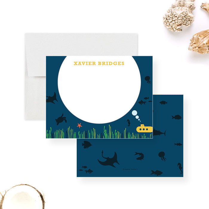 Underwater Note Card, Under the Sea Thank You Cards for Kids Birthday Party, Submarine Stationery for Children with Envelopes