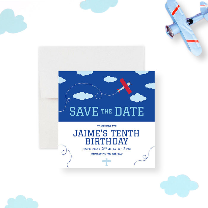 Airplane Save the Date Card for Kids Birthday Party, Aviator Save the Date for 1st 2nd 3rd 4th 5th 6th Birthday Bash, Airplane Pilot Birthday Save the Dates