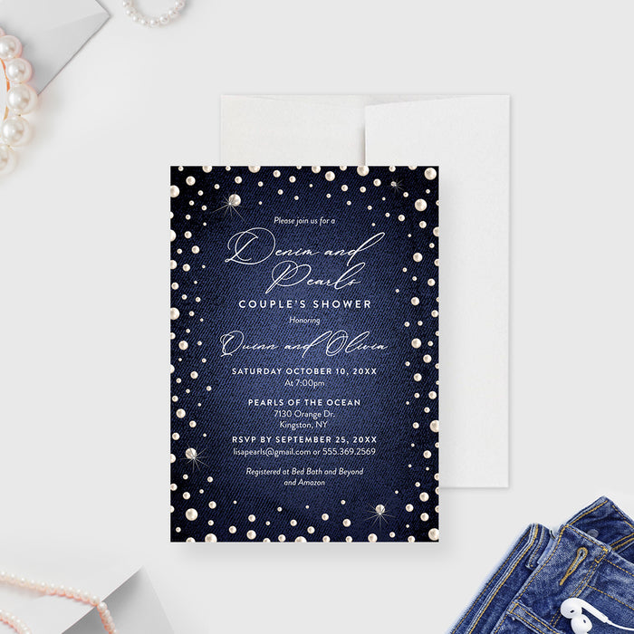 Denim and Pearls Couples Shower Wedding Invitation Card, Denim and Pearls Birthday Party Invitations with Blue Jeans and Shiny Pearls