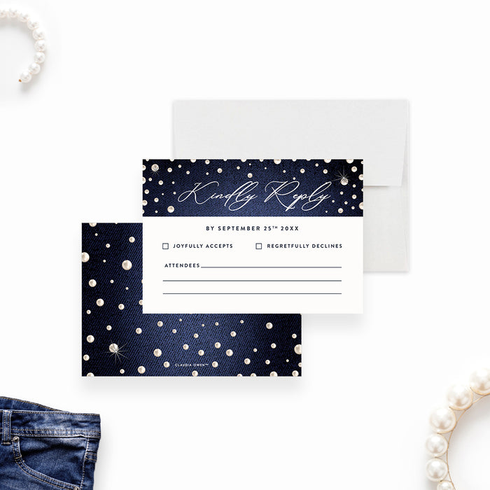 Denim and Pearls Couples Shower Wedding Invitation Card, Denim and Pearls Birthday Party Invitations with Blue Jeans and Shiny Pearls