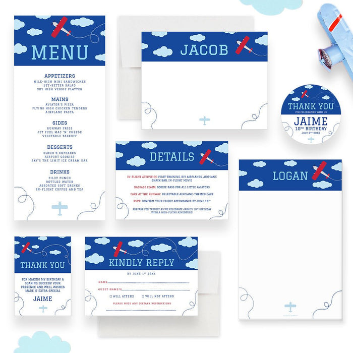 Airplane Themed Birthday Invitation Card, Time Flies Airplane Invitations for 1st 2nd 3rd 4th 5th 6th Plane Birthday Bash, Aviator Pilot Birthday Invites