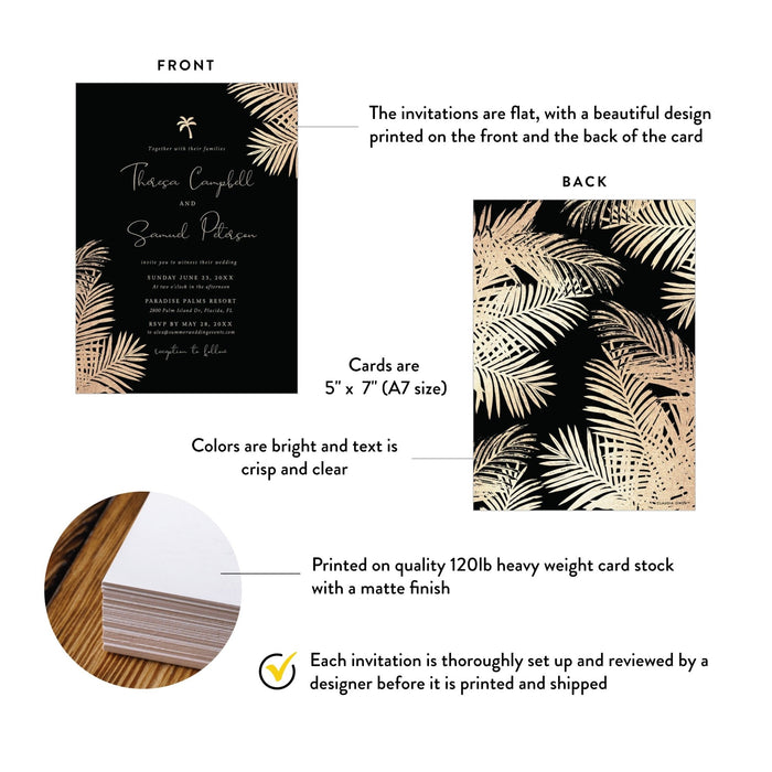 Black and Gold Wedding Invitation with Tropical Palm Leaves, Elegant Summer Wedding Engagement Invitation Card, Tropical Wedding Anniversary Invitation