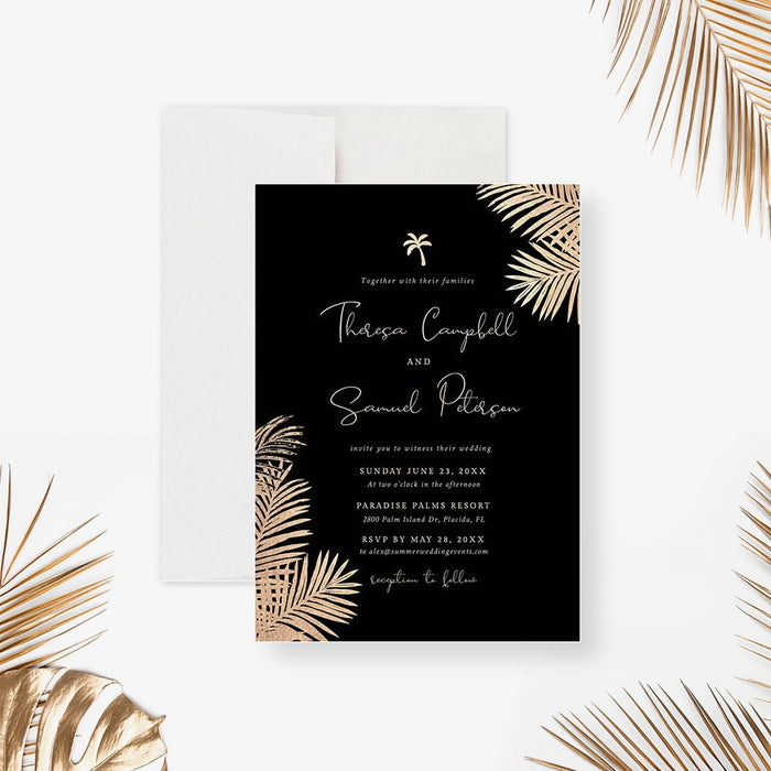 Black and Gold Wedding Invitation with Tropical Palm Leaves, Elegant Summer Wedding Engagement Invitation Card, Tropical Wedding Anniversary Invitation