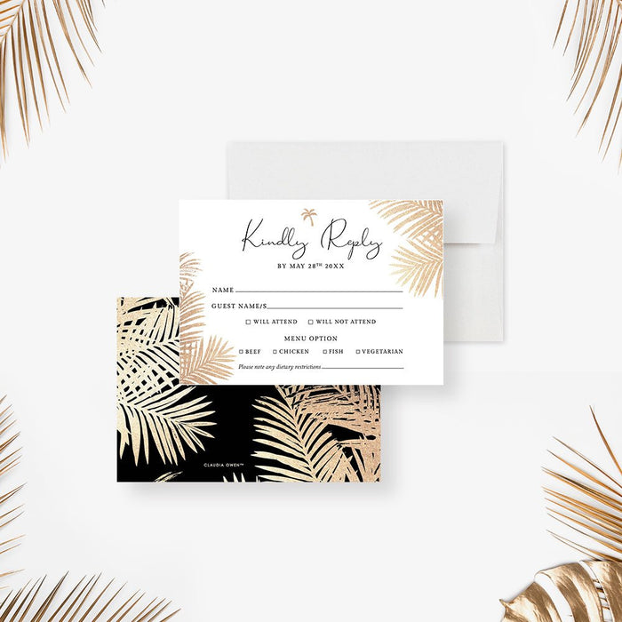 Black and Gold Wedding Invitation with Tropical Palm Leaves, Elegant Summer Wedding Engagement Invitation Card, Tropical Wedding Anniversary Invitation