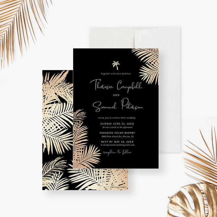 Black and Gold Wedding Invitation with Tropical Palm Leaves, Elegant Summer Wedding Engagement Invitation Card, Tropical Wedding Anniversary Invitation