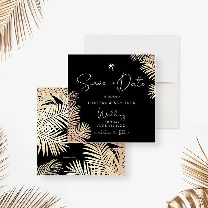 Black and Gold Wedding Invitation with Tropical Palm Leaves, Elegant Summer Wedding Engagement Invitation Card, Tropical Wedding Anniversary Invitation