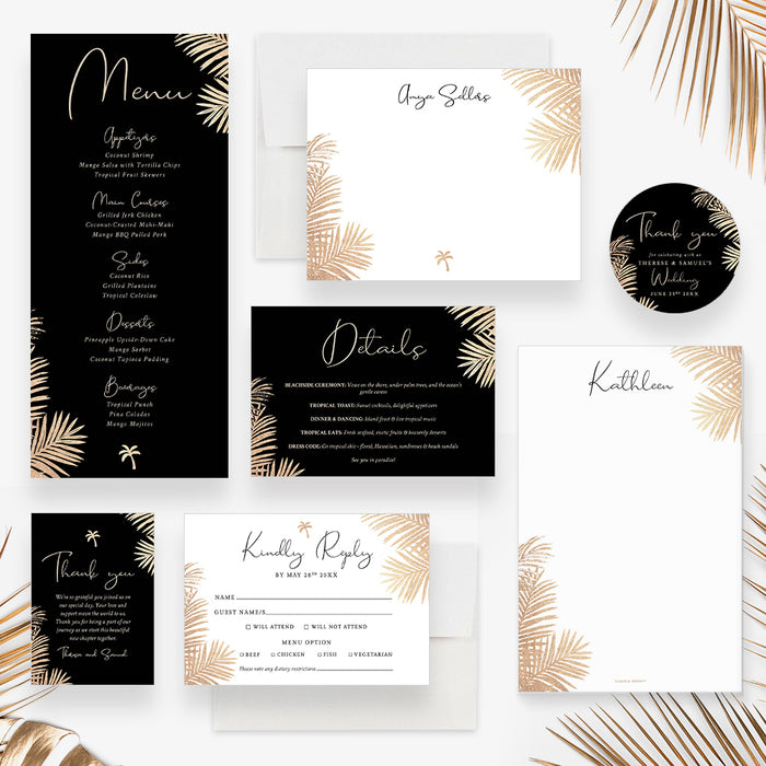 Black and Gold Wedding Invitation with Tropical Palm Leaves, Elegant Summer Wedding Engagement Invitation Card, Tropical Wedding Anniversary Invitation