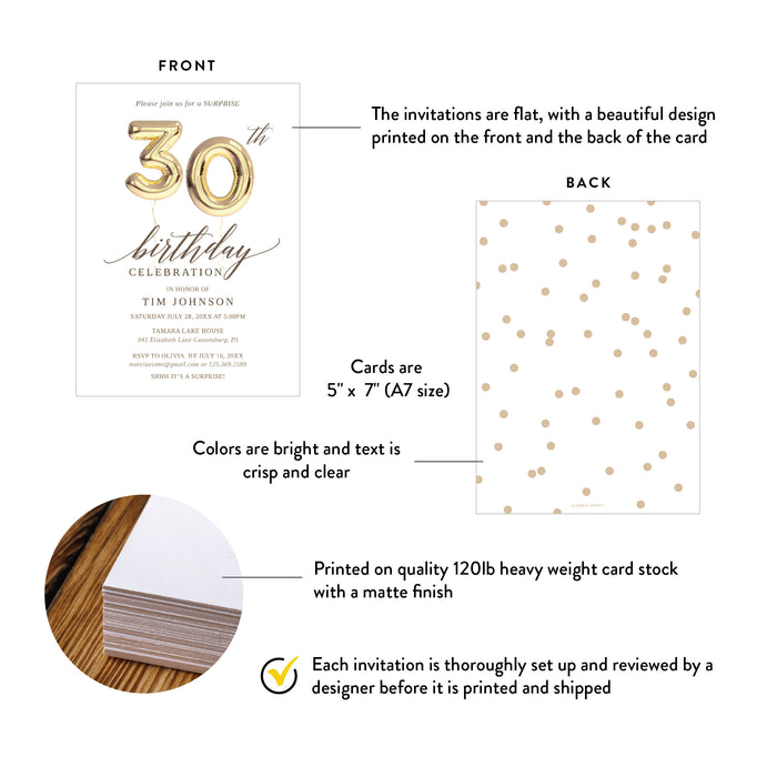 30th Birthday Invitation Golden Balloon Design Surprise Party