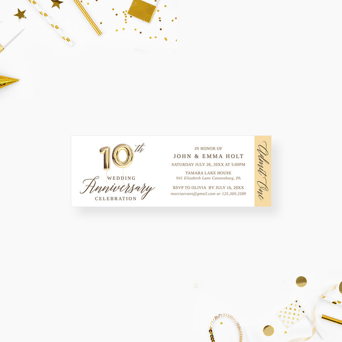Elegant Wedding Anniversary Ticket Invitation with Golden Number 10 Balloon, Ticket Invites for 1st 5th 10th 15th 20th 25th 30th Wedding Anniversary