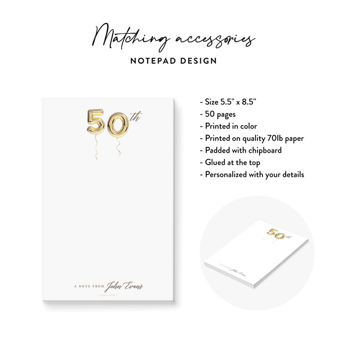 Personalized 50th Birthday Notepad with Gold Balloons