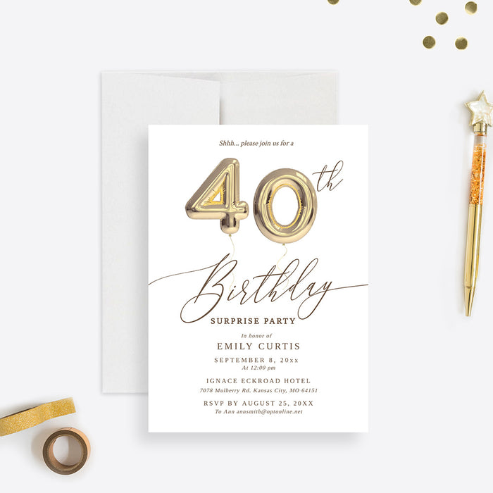 40th Birthday Party Invitation Template, Fortieth Birthday Printable Digital Download, 40th Anniversary Invites, Forty Balloons