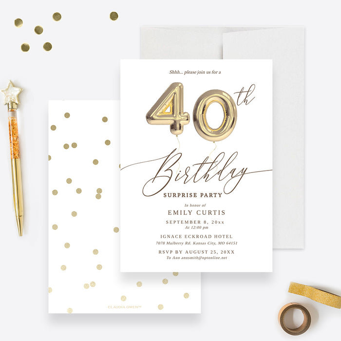 40th Birthday Party Invitation Template, Fortieth Birthday Printable Digital Download, 40th Anniversary Invites, Forty Balloons