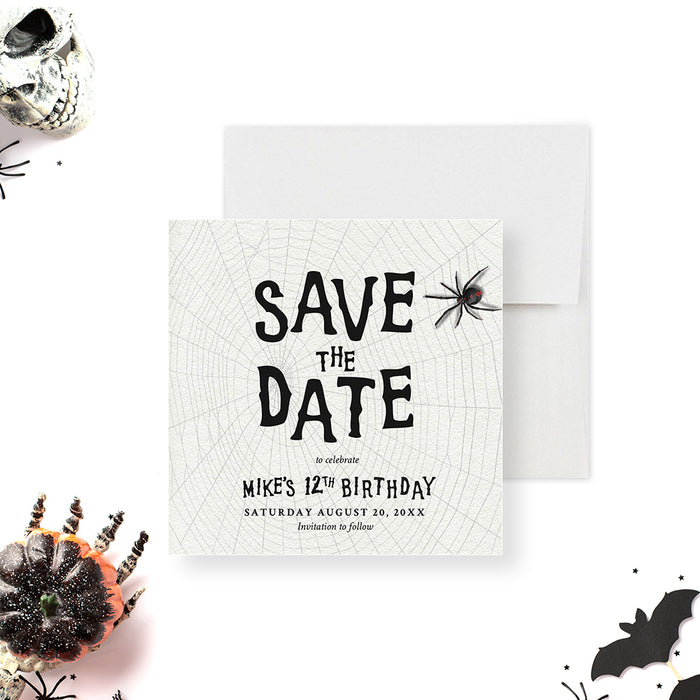 Eerie Save the Date Card with Black Spider, Scary Halloween Trick or Treat Save the Dates, Spooky Halloween Birthday Party Save the Date for Kids with Spider Webs
