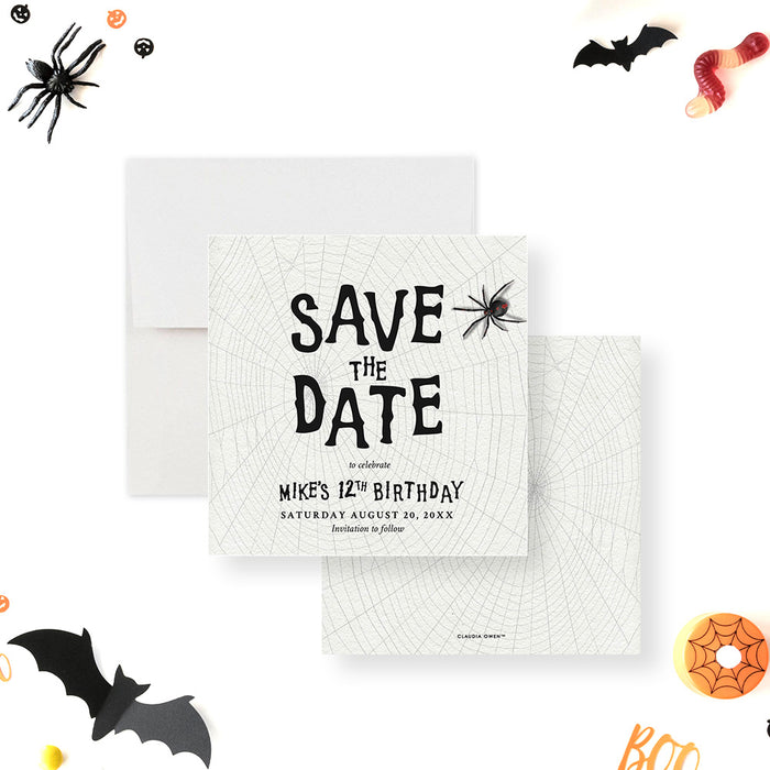 Eerie Save the Date Card with Black Spider, Scary Halloween Trick or Treat Save the Dates, Spooky Halloween Birthday Party Save the Date for Kids with Spider Webs