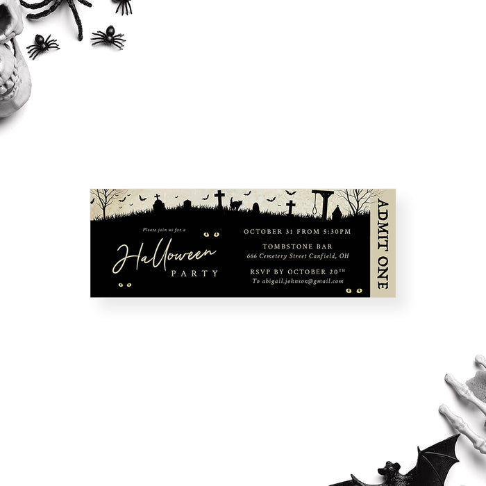 Spooky Cemetery Halloween Ticket Invites, Scary Graveyard Ticket Invitation, Gothic Adult Halloween Party Ticket, Eerie Ticket Card for Spooktacular Halloween Birthday