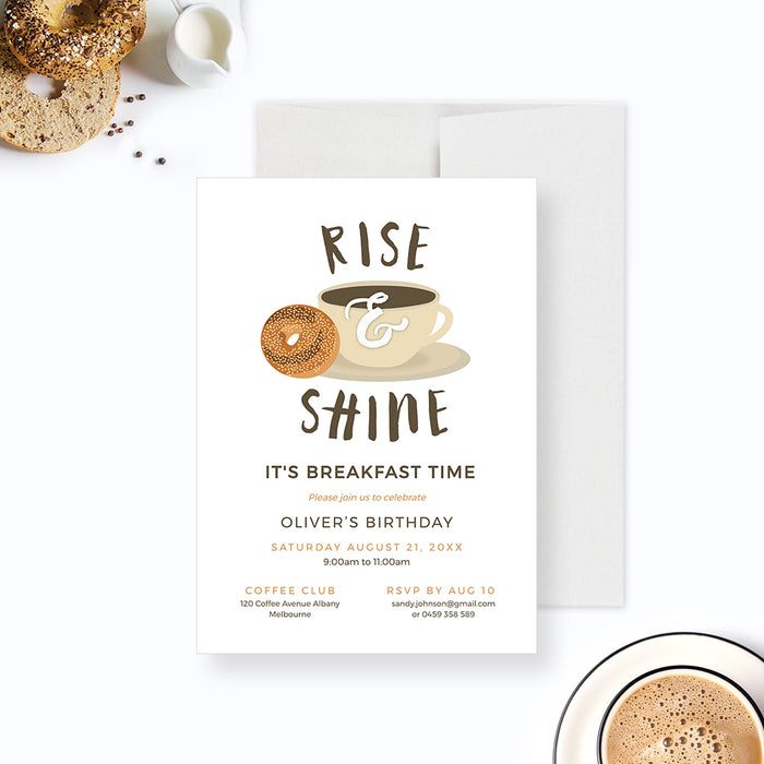 Rise and Shine Birthday Breakfast Party Invitation Template, Coffee and Bagel Printable Digital Download, Breakfast Invite