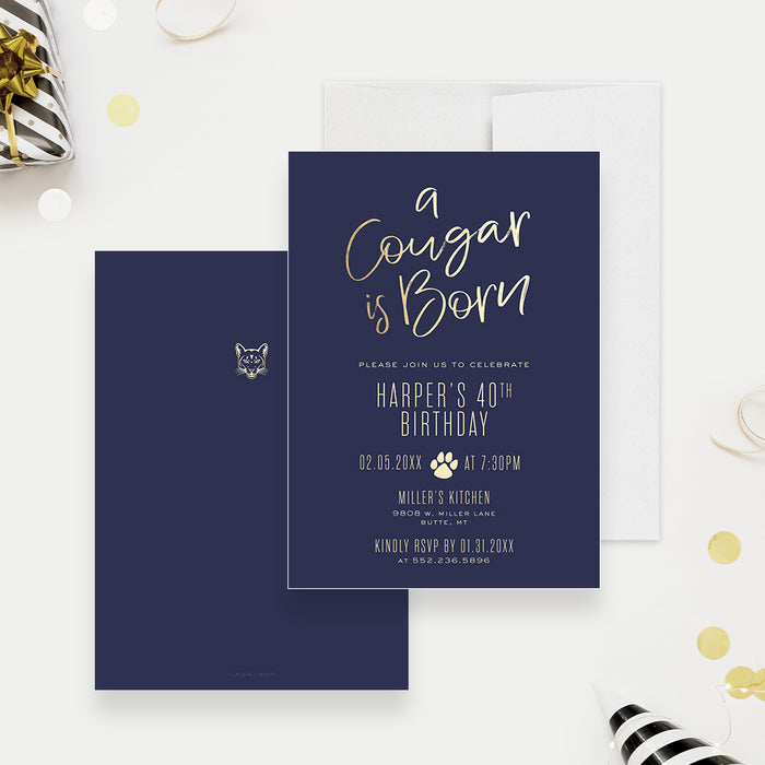 Cougar Birthday Party Invitation, A Cougar is Born Funny 40th Birthday Invitations for Her, 50th 60th Birthday Bash for Women