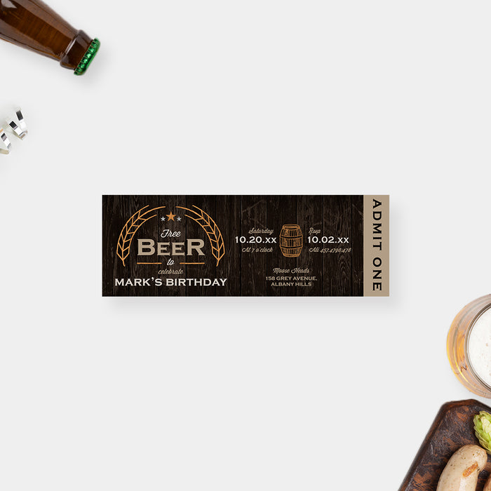 Beers and Cheers Birthday Ticket Invitation, Rustic Ticket Invites for Mens Birthday Bash, Beer Party Ticket Card with Barrel