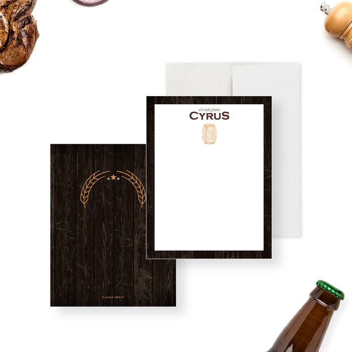 Beer Note Card with Barrel, Mens Birthday Thank You Cards, Personalized Gift for Beer Lovers, Rustic Stationery Card for Men