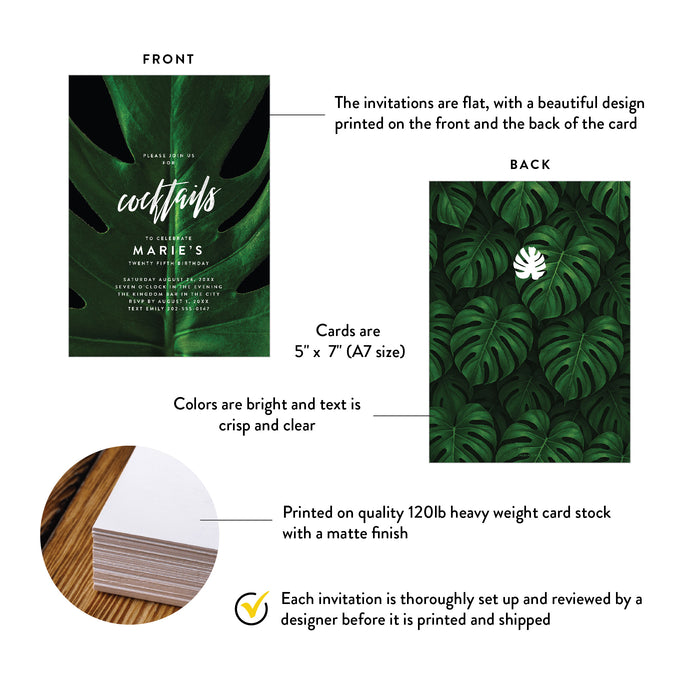 Cocktail Party Birthday Invitation Tropical Monstera Leaf