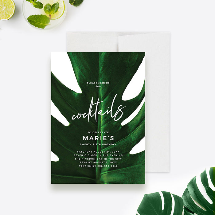 Cocktail Party Invitation Editable Template, Monstera Leaf Printable Digital Download, Tropical Birthday Party, Greenery Botanical Trendy Invitation