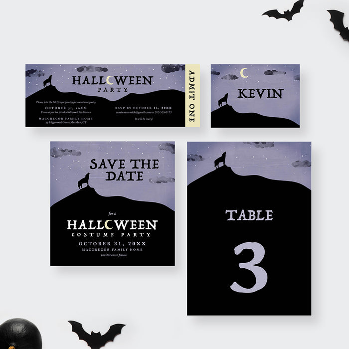 Halloween Party Invitation with Wolf Howling at The Moon, Werewolf Birthday Invites, Spooky Halloween Party Invitation for Kids