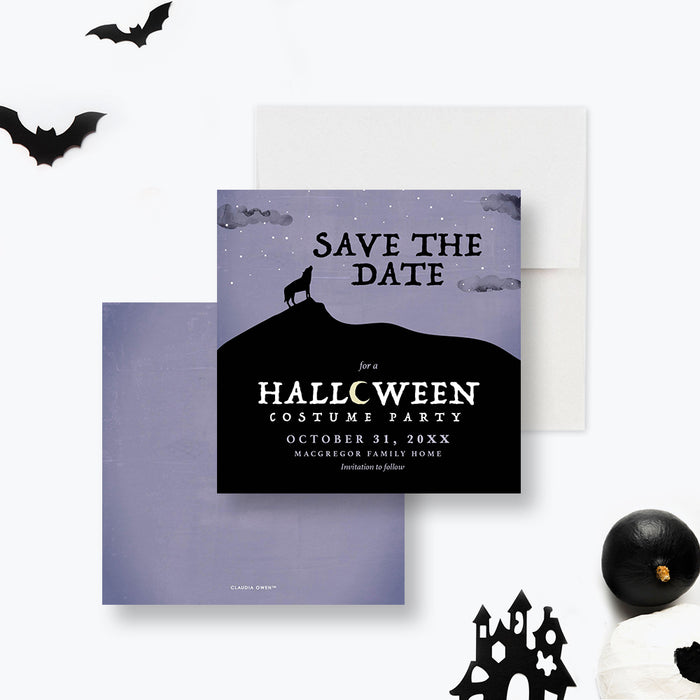 Save the Date Card with Wolf Howling at the Moon, Werewolf Birthday Save the Dates, Spooky Halloween Costume Party Save the Date Cards for Kids