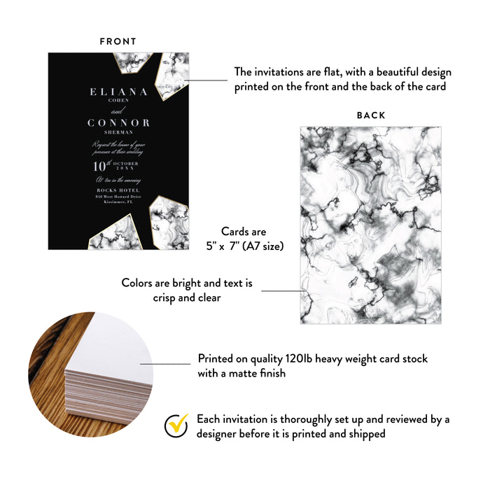 Black Wedding Invitation with Marble Geometric Design