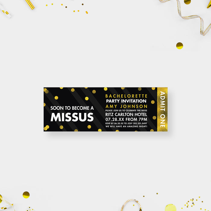 Soon To Become a Missus Bachelorette Party Ticket with Gold Confetti and Diamond Ring, Bride To Be Party Ticket Invitation, Girls Night Out Bach Party Ticket Card