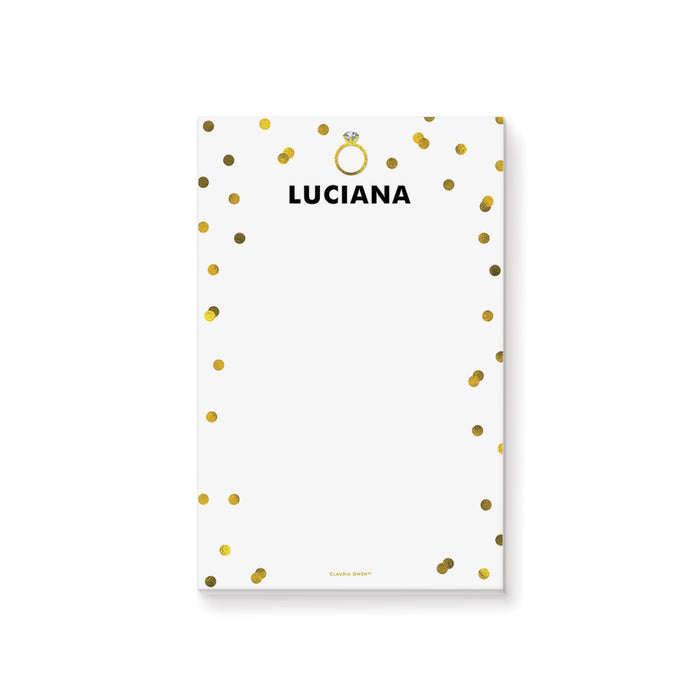 Personalized Notepad with Gold Confetti and Diamond Ring, Chic Bachelorette Party Writing Pad, Bridal Shower Gift for the Bride, Wedding Engagement Stationery Notepad