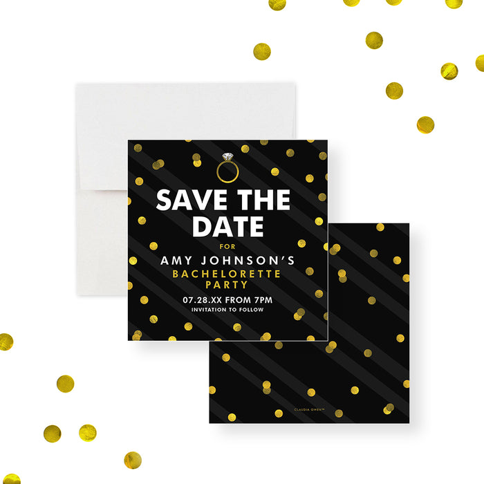 Bachelorette Party Save the Date Card with Gold Confetti and Diamond Ring, Hens Night Save the Date, Girls Night Out Bach Party Save the Dates