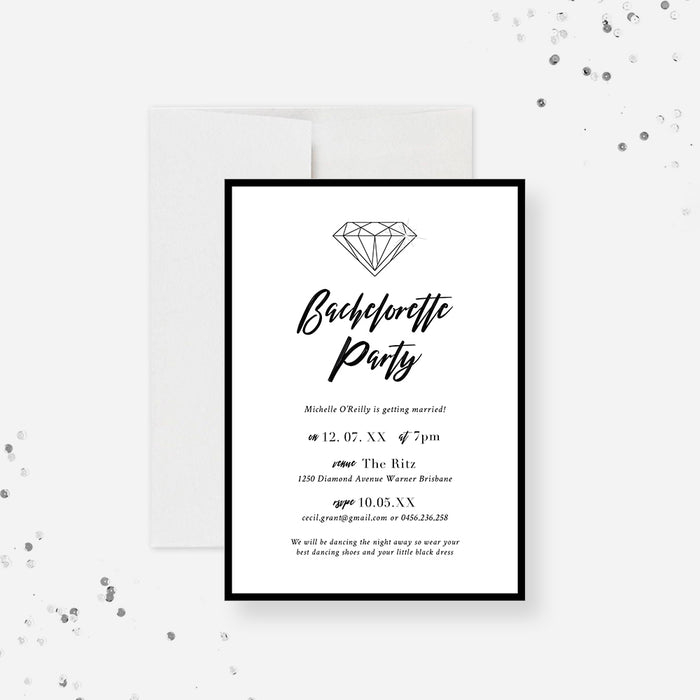 Diamond Bachelorette Party Invitation Card, Monochrome Invitation for Bach Party, Black and White Invites for Hens Night