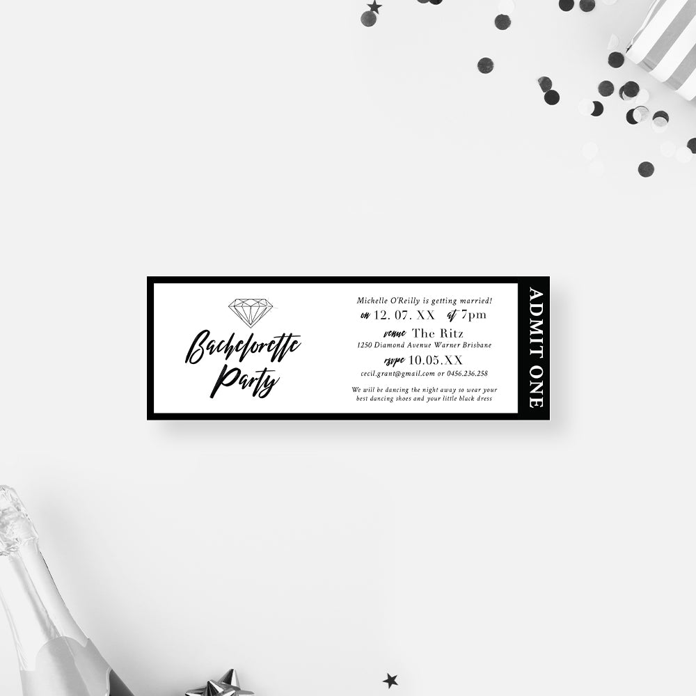 Ticket Invitation Card for Bachelorette Party with Diamonds, Monochrom