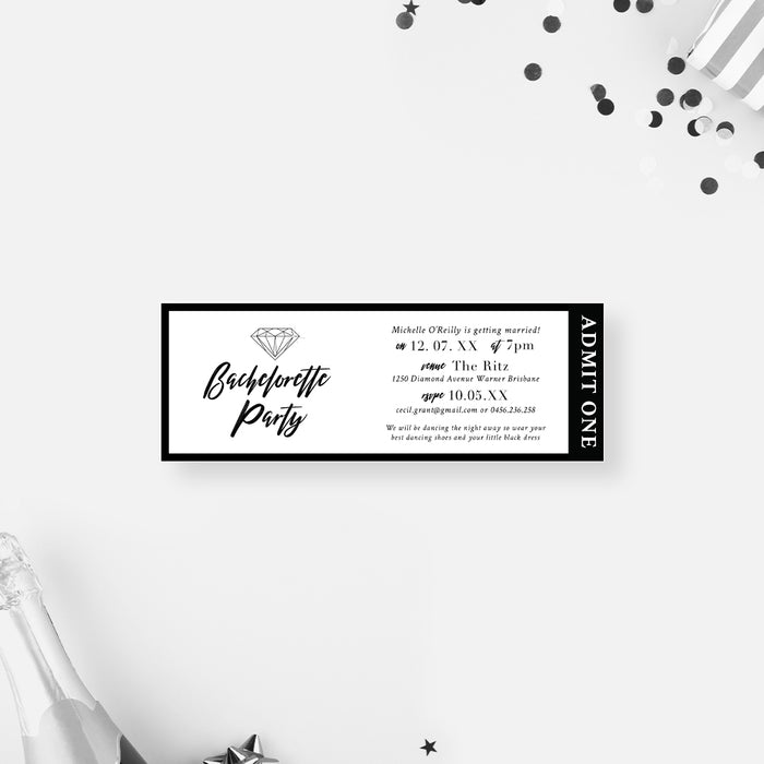 Ticket Invitation Card for Bachelorette Party with Diamonds, Monochrome Ticket Invites for Engagement Party, Black and White Ticket for Bridal Shower Celebration