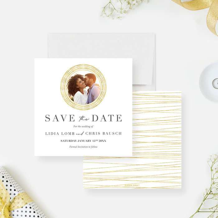 Photo Wedding Invitation Card with Golden Frame, Minimalist Wedding Invitations with Couples Picture