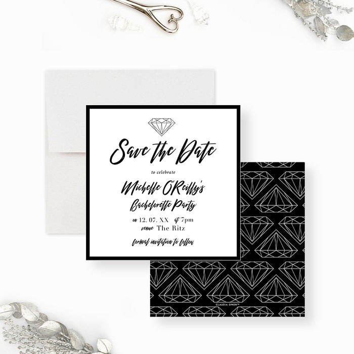 Save the Date Card for Bachelorette Party with Diamonds, Black and White Save the Date for Engagement Party, Monochrome Save the Dates for Bach Party