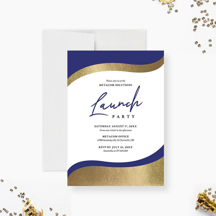 Blue and Gold Business Invitation Card for Launch Party, Business Grand Opening Invitation, Corporate Gala Dinner Invites, Annual Appreciation Dinner Invites