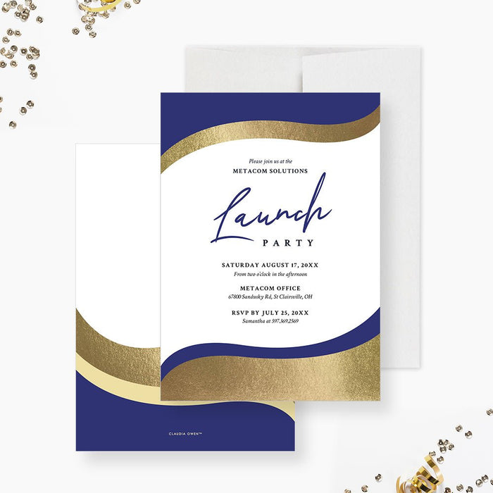 Blue and Gold Business Invitation Card for Launch Party, Business Grand Opening Invitation, Corporate Gala Dinner Invites, Annual Appreciation Dinner Invites