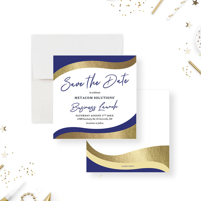 Blue and Gold Business Save the Date Card for Company Launch Party, Grand Opening Save the Dates, Corporate Opening Ceremony Save the Dates