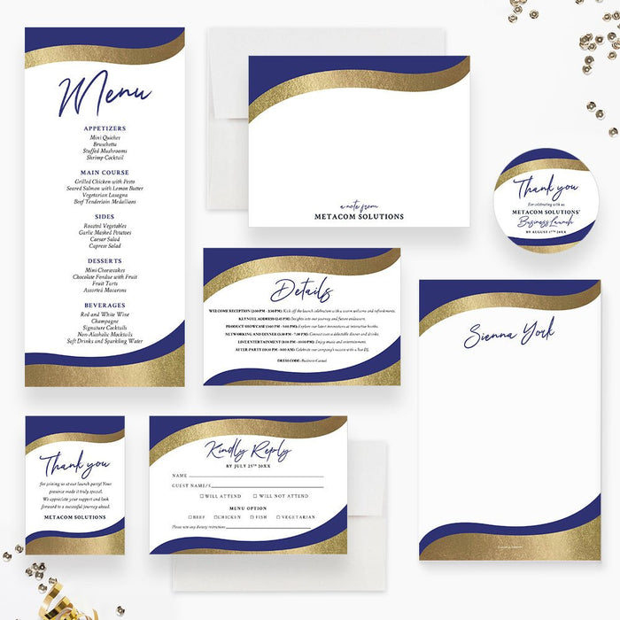 Blue and Gold Business Invitation Card for Launch Party, Business Grand Opening Invitation, Corporate Gala Dinner Invites, Annual Appreciation Dinner Invites