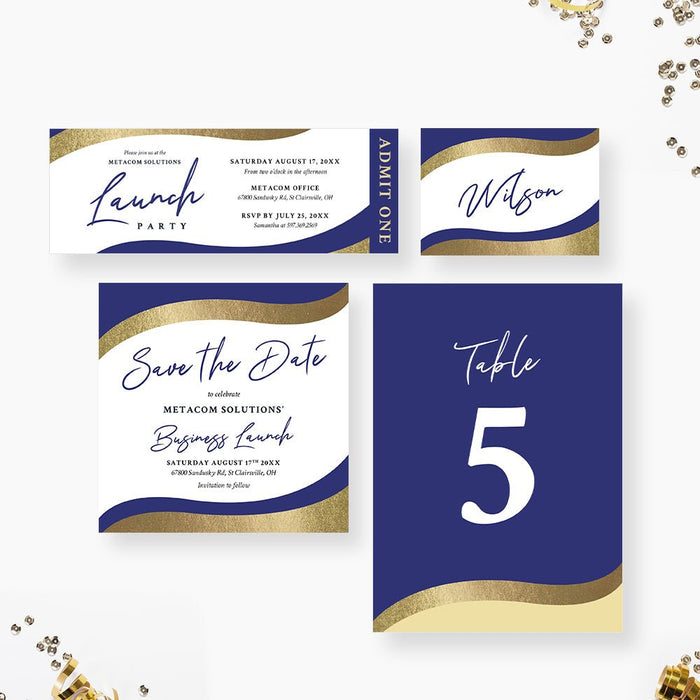 Blue and Gold Business Invitation Card for Launch Party, Business Grand Opening Invitation, Corporate Gala Dinner Invites, Annual Appreciation Dinner Invites