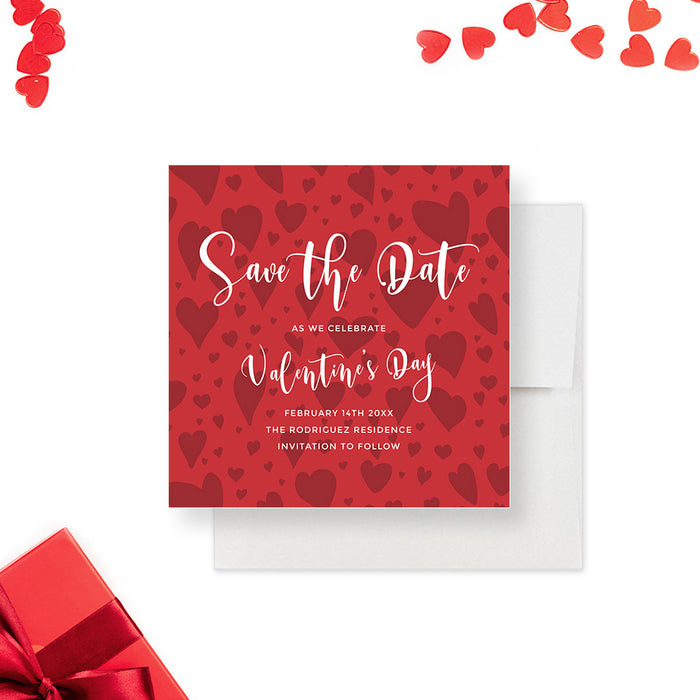 Red Save the Date Card for Valentines Day Party with Love Heart Pattern, Love Party Save the Date, Valentines Dinner Celebration Save the Dates