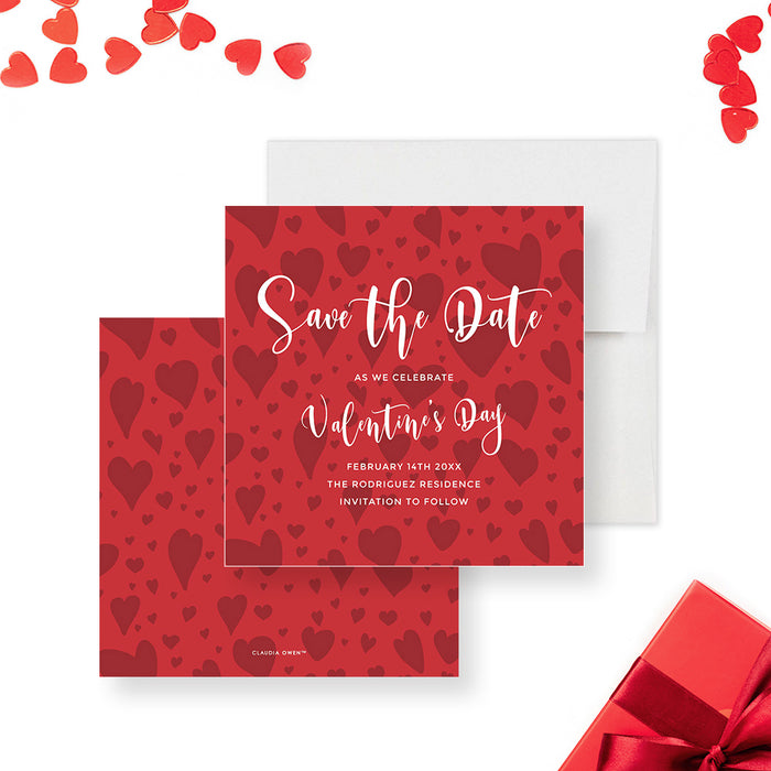 Red Save the Date Card for Valentines Day Party with Love Heart Pattern, Love Party Save the Date, Valentines Dinner Celebration Save the Dates