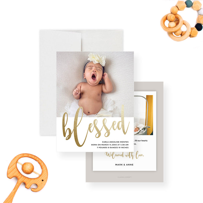 Baby Announcement Card with Photo, Blessed Note Card, Stationery for Baby Shower, Birth Announcement with Picture, Newborn Birth Announcements